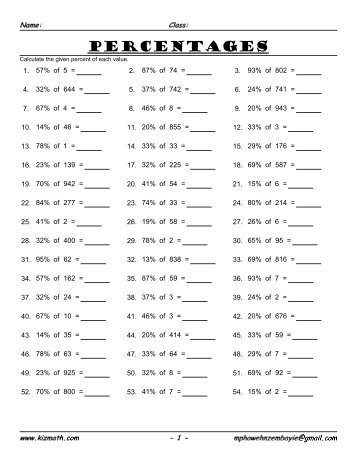 Percentages of numbers sheet 2 - Math for Children