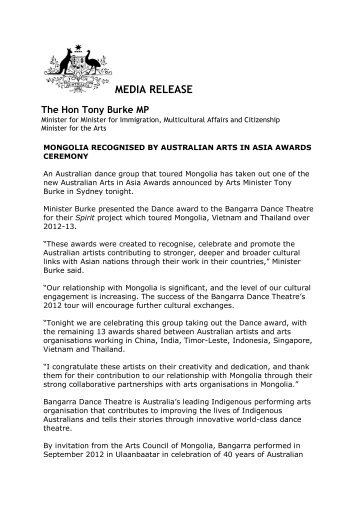 Mongolia recognised by Australian Arts in Asia Awards ceremony