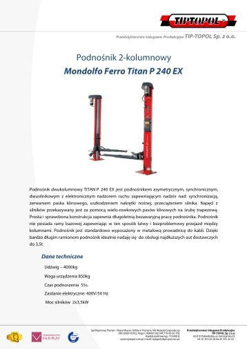 PodnoÅnik 2-kolumnowy Mondolfo Ferro Titan P 240 EX - TIPTOPOL