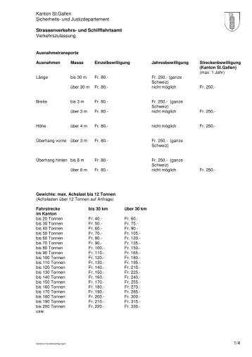Gebührenliste für Sonderbewilligungen (27 kB, PDF)