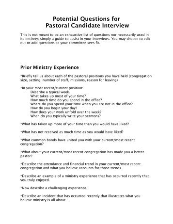 Potential Questions for Pastoral Candidate Interview - National ...