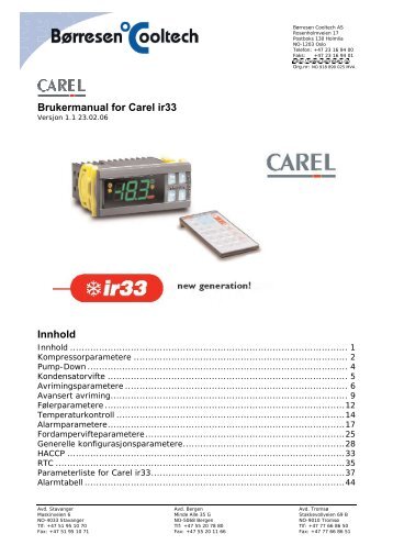 Brukermanual for Carel ir33 Innhold - BÃ¸rresen Cooltech AS