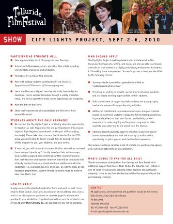 CITY LIGHTS PROJECT, SEPT 2-6, 2010 - Telluride Film Festival
