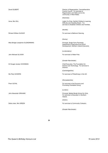 The Queen's Birthday Honours List 2012 - Gov.uk