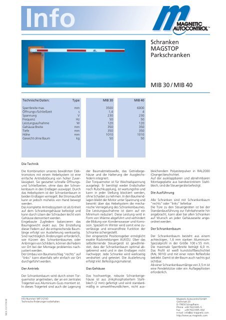 Schranken MAGSTOP Parkschranken MIB30 MIB40