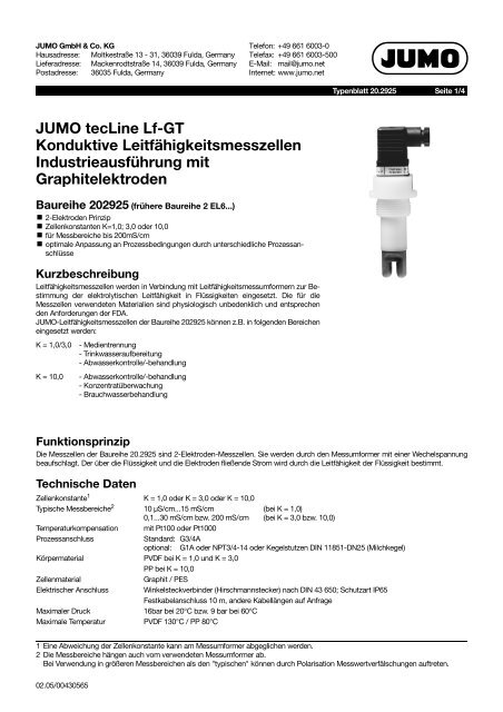 JUMO tecLine Lf-GT Konduktive LeitfÃ¤higkeitsmesszellen ...