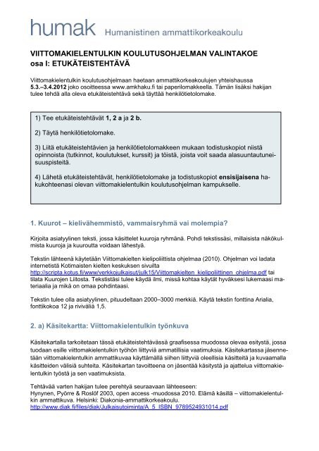 EtukÃ¤teistehtÃ¤vÃ¤ - Humanistinen ammattikorkeakoulu