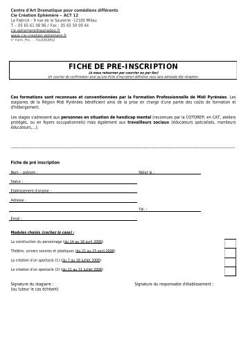 FICHE DE PRE-INSCRIPTION - Compagnie crÃ©ation EphÃ©mÃ¨re