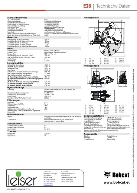 Technische Daten - E26 Kompaktbagger - Bobcat.eu