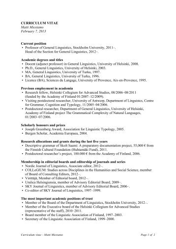 CURRICULUM VITAE Matti Miestamo February 7, 2013 Current ...