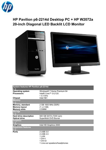 HP Pavilion p6-2214d Desktop PC + HP W2072a 20-inch Diagonal ...