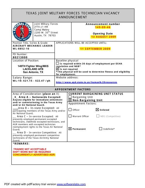 149-09-46 Aircraft Mechanic Leader, WL-8852-10 PD 80213