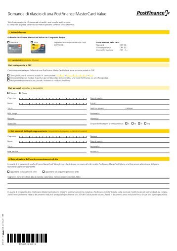 Domanda di rilascio di una carta di credito Postfinance