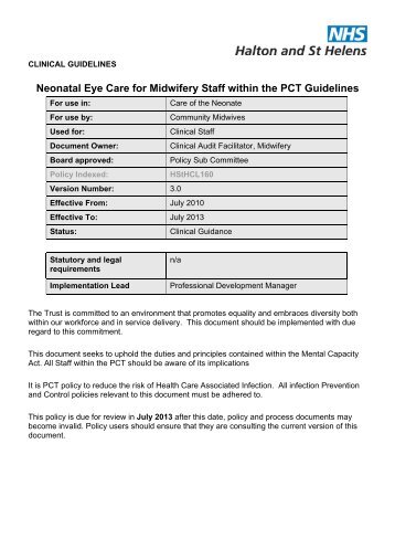 Neonatal Eye Care for Midwifery Staff within the PCT Guidelines