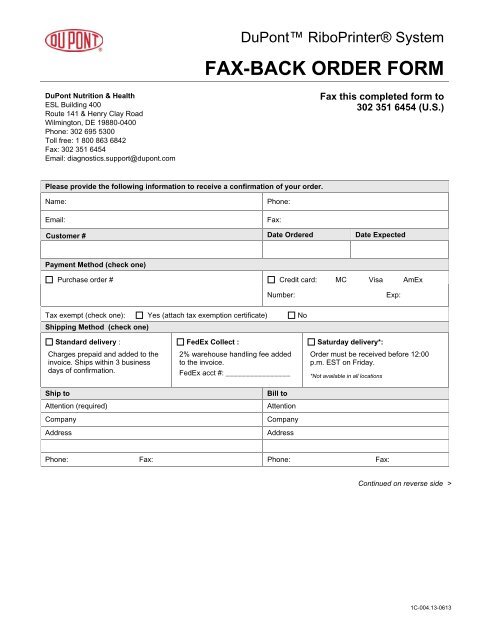 RiboPrinterÃ‚Â® System fax-back order form [.pdf] - DuPont