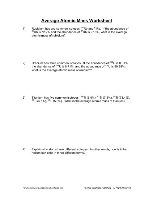 Average Atomic Mass Worksheet