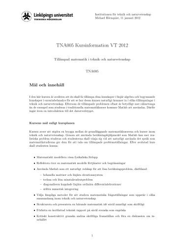 TNA005 Kursinformation VT 2012