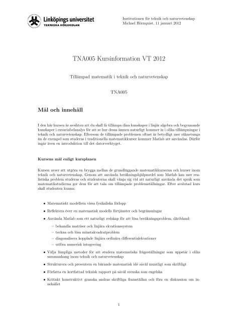 TNA005 Kursinformation VT 2012