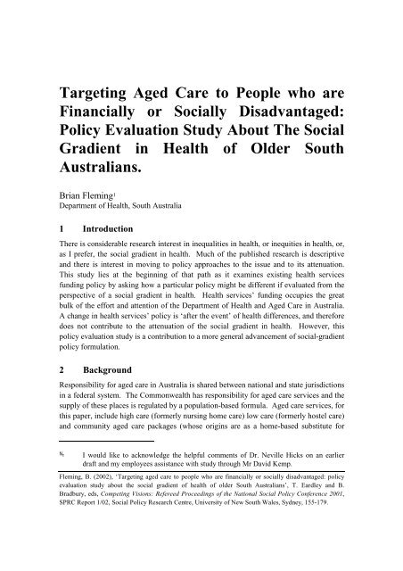 Targeting Aged Care to People who are Financially or Socially ...