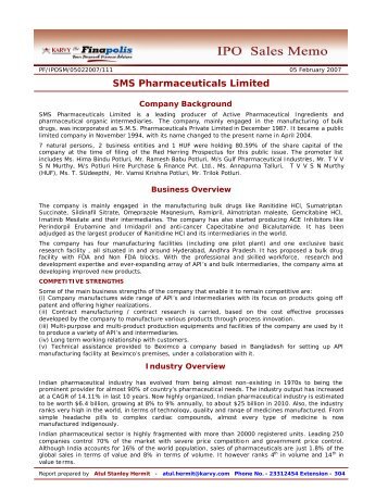 IPO Sales Memo - SMS Pharmaceuticals Limited - Finapolis