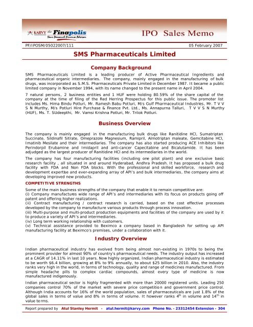 IPO Sales Memo - SMS Pharmaceuticals Limited - Finapolis
