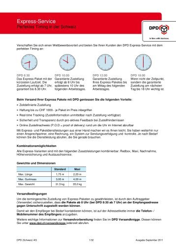 DPD Express Service Zustellgebiete in der Schweiz Version ...