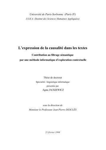 L'expression de la causalité dans les textes - LaLIC - Université ...