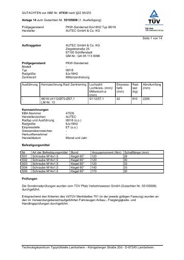 GUTACHTEN zur ABE Nr. 47535 nach Â§22 StVZO ... - e-pneu.cz