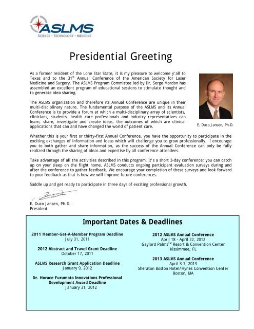 Presidential Greeting - American Society for Laser Medicine and ...