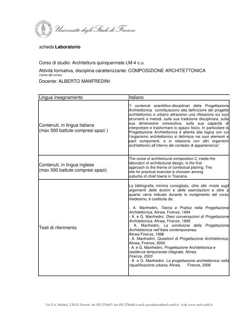 scheda Laboratorio Corso di studio: Architettura quinquennale LM-4 ...