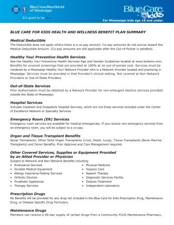 BLUE CARE FOR KIDS HEALTH AND WELLNESS BENEFIT PLAN ...