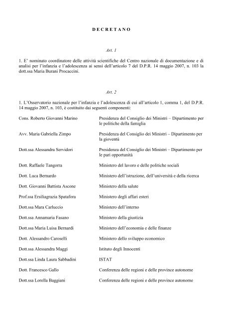 Decreto di costituzione dell'Osservatorio nazionale per l'infanzia e l ...