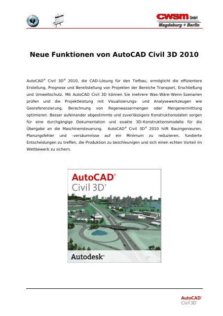 Neue Funktionen von Autocad Civil 3D 2010 - CWSM Gmbh