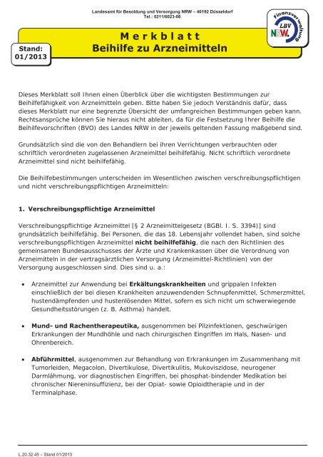 Beihilfefähigkeit von Arzneimitteln ab 01.08.2011 - LBV NRW