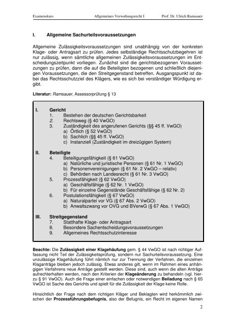 2 I. Allgemeine Sachurteilsvoraussetzungen Allgemeine ...