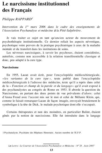 Le narcissisme institutionnel des FranÃ§ais - Psychanalyse et mÃ©decine