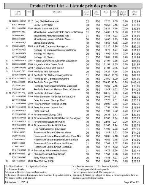 Product Price List - Liste de prix des produits - Alcool NB Liquor