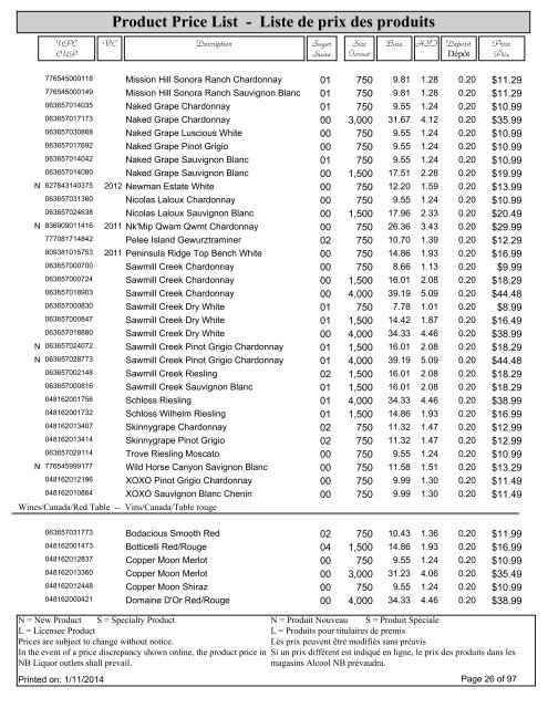 Product Price List - Liste de prix des produits - Alcool NB Liquor