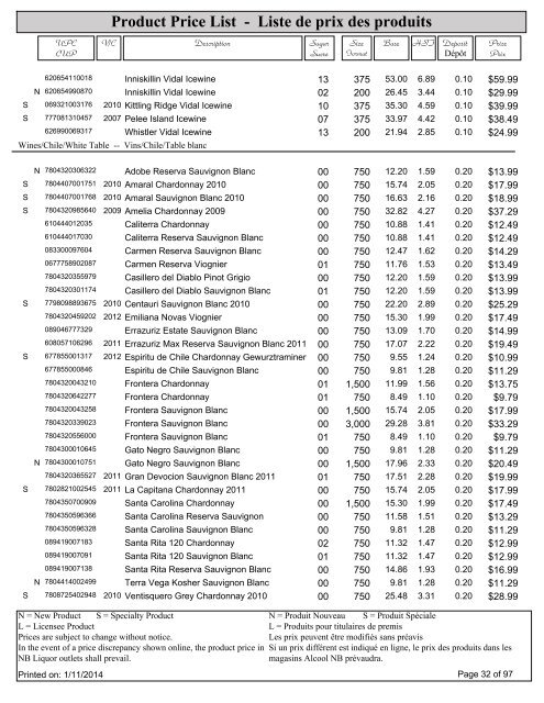 Product Price List - Liste de prix des produits - Alcool NB Liquor