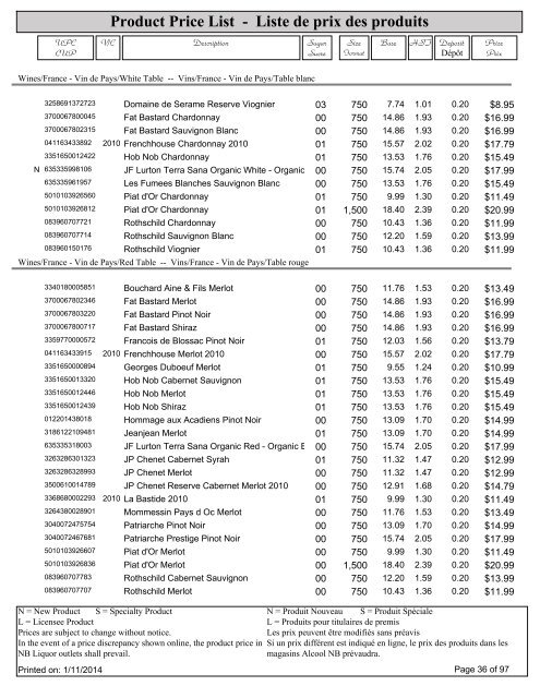 Product Price List - Liste de prix des produits - Alcool NB Liquor