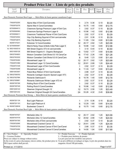 Product Price List - Liste de prix des produits - Alcool NB Liquor