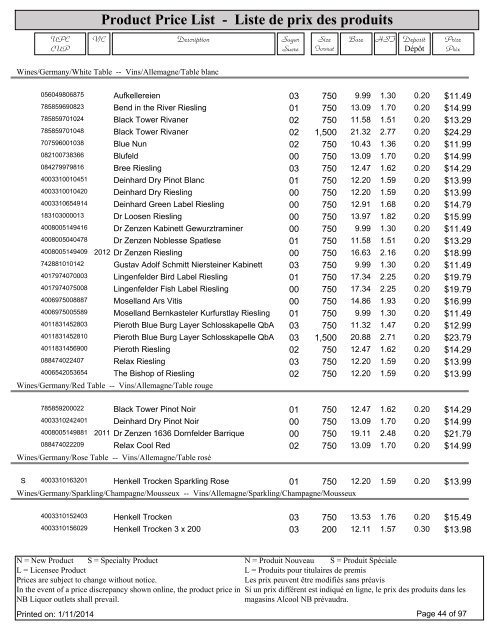 Product Price List - Liste de prix des produits - Alcool NB Liquor