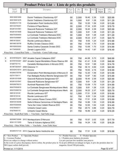 Product Price List - Liste de prix des produits - Alcool NB Liquor