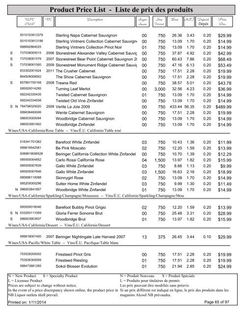 Product Price List - Liste de prix des produits - Alcool NB Liquor