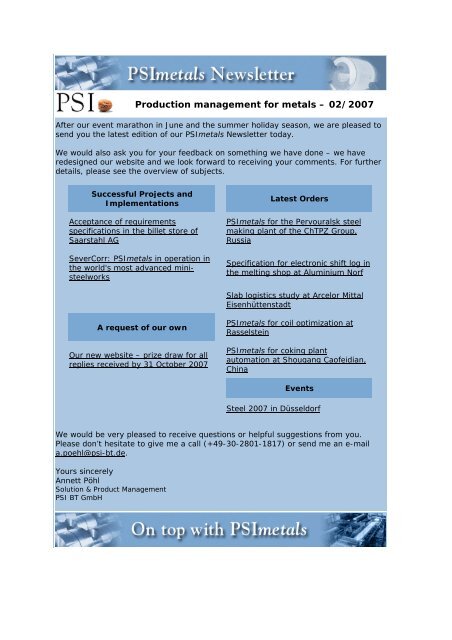 Newsletter 02/07 (english) - PSI Metals GmbH
