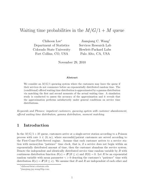 Waiting time probabilities in the M/G/1 + M queue - Statistics ...