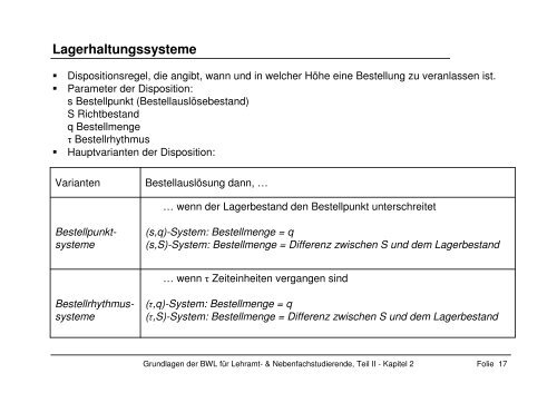 Grundlagen der BWL fÃƒÂ¼r Lehramt- & Nebenfachstudierende, Teil II ...