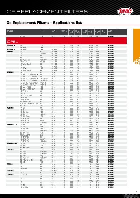 Oe Replacement Filters â Applications list - autoboom