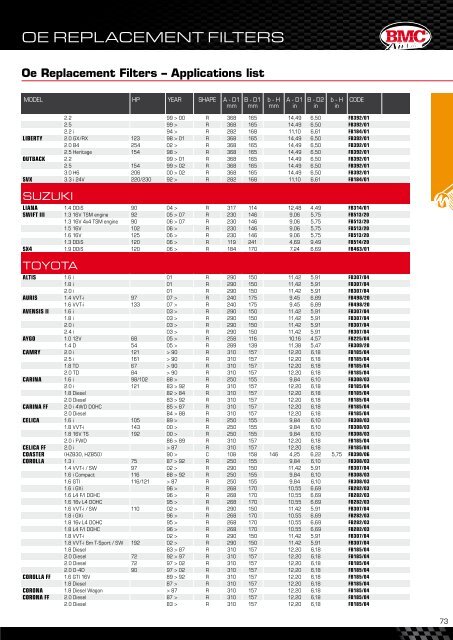 Oe Replacement Filters â Applications list - autoboom