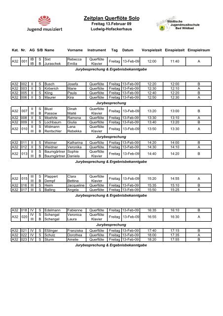 Zeitplan Querflöte Solo - Bad Wildbad